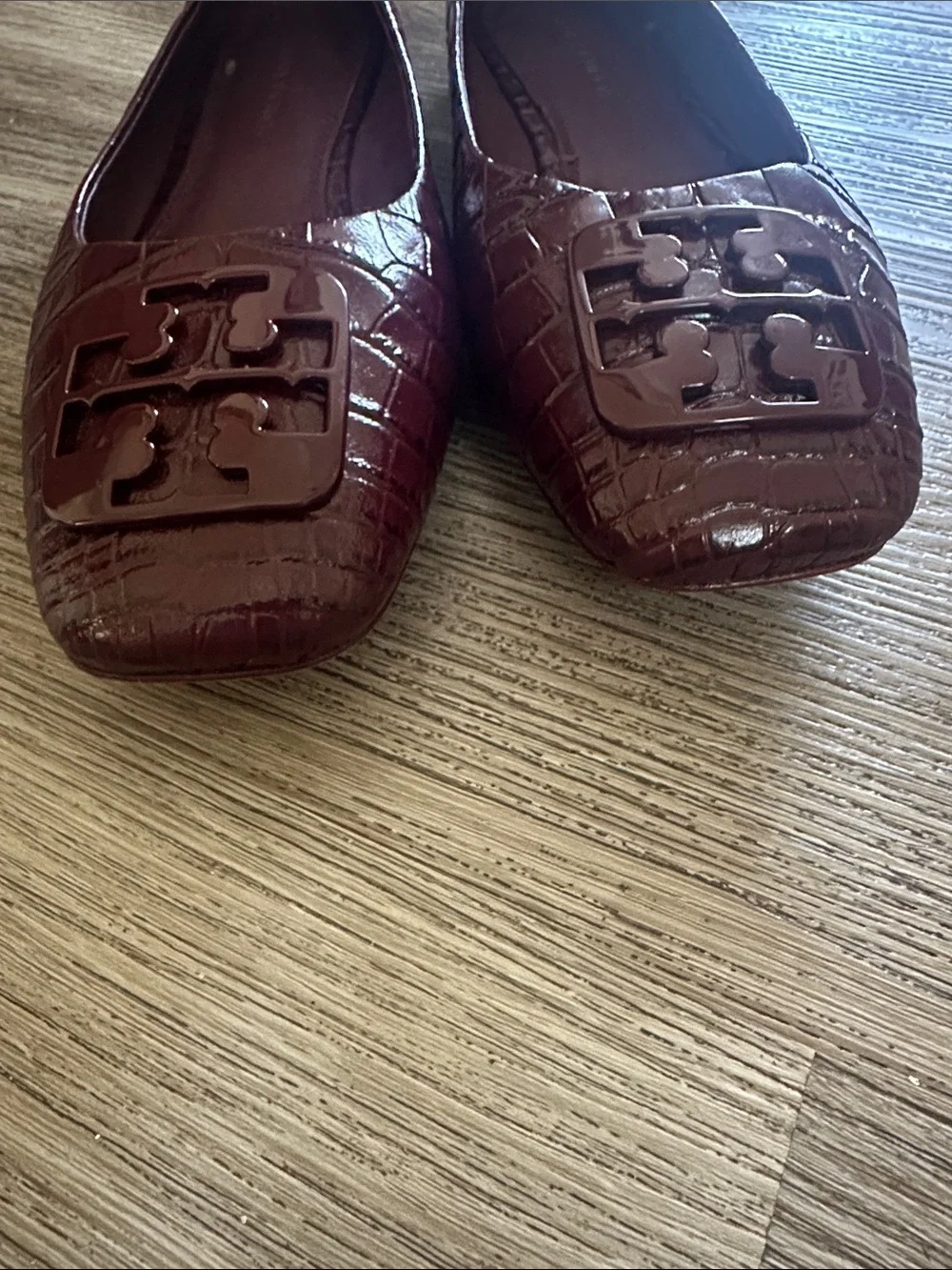 Tory Burch Deep Burgundy Croc-Embossed Leather Square-Toe Flats